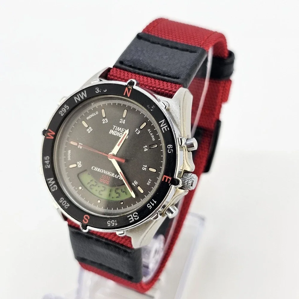 VTG Timex Analog Digital Men's Watch 40MM Brown Dial New Red Bands New Battery